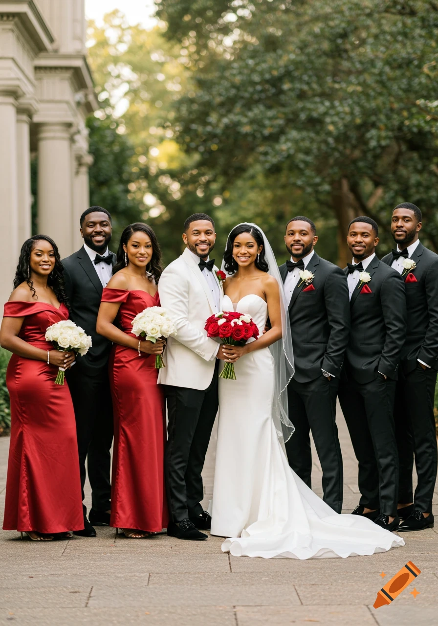 Photorealistic portrait of an African American wedding party with the bride in white and bridesmaids in red, outdoors.