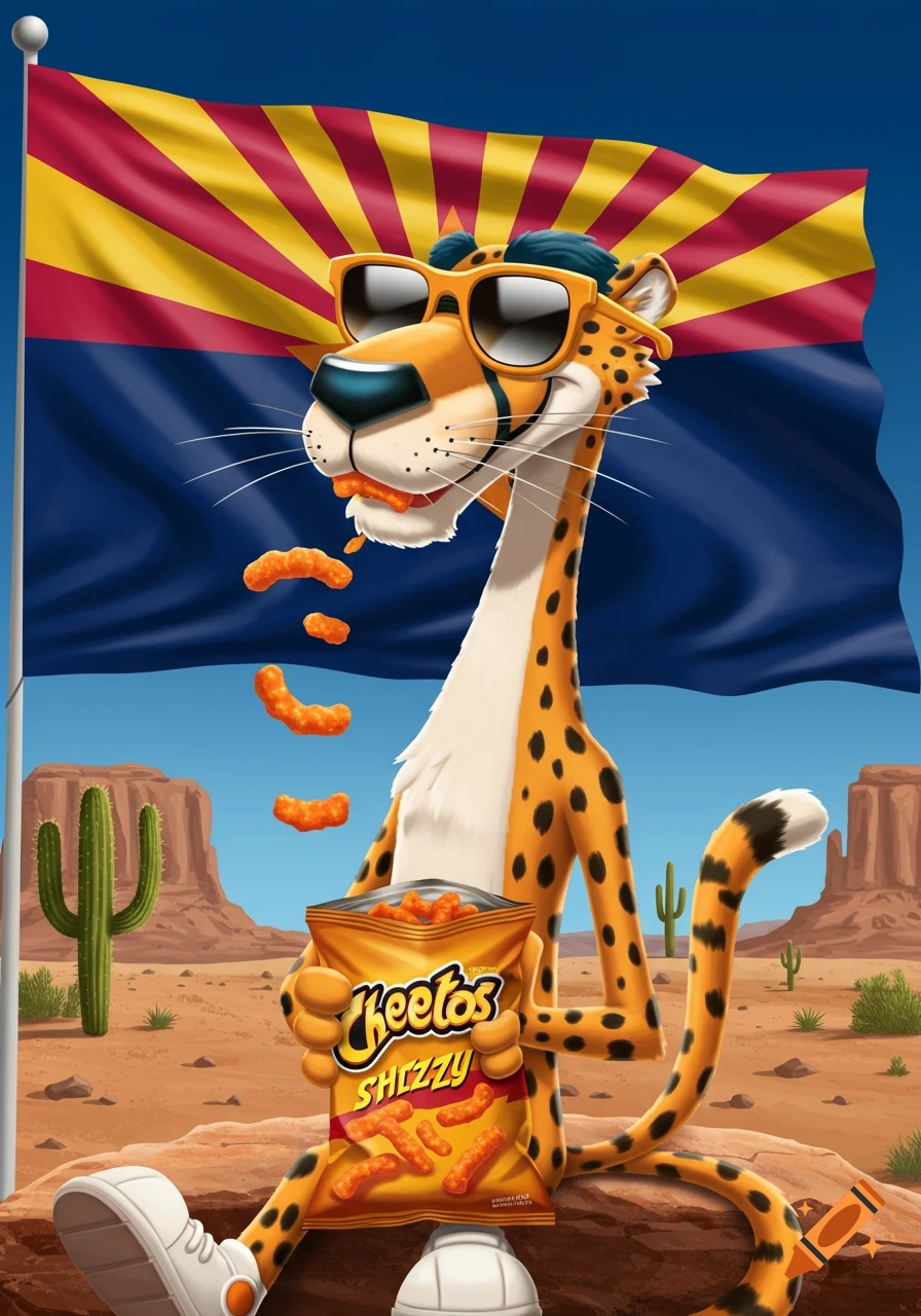 Chester Cheetah in sunglasses eating Cheetos in a desert with an Arizona flag behind him.