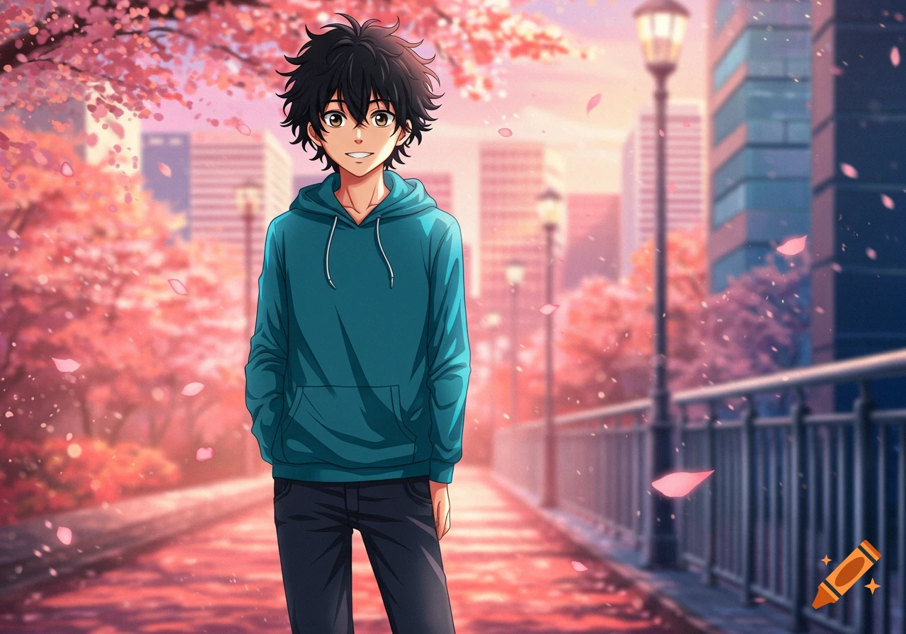 An anime boy with dark, spiky hair and a teal hoodie smiles in a park with pink cherry blossoms and city buildings.