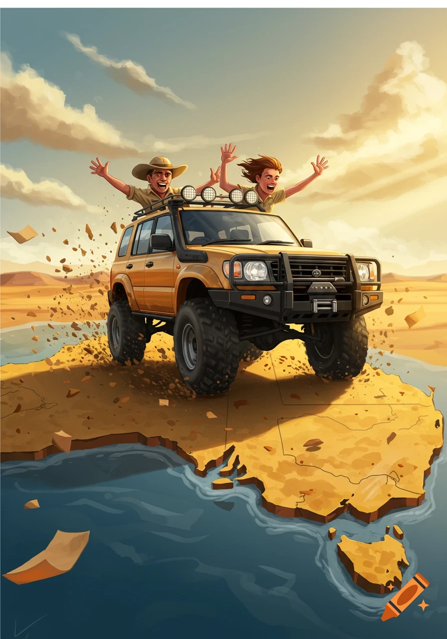 A cartoon illustration of a yellow 4x4 off-road vehicle with two smiling people waving out of the front windows, driving on a 3D map of Australia, kicking up dirt in a desert landscape under a warm sky.