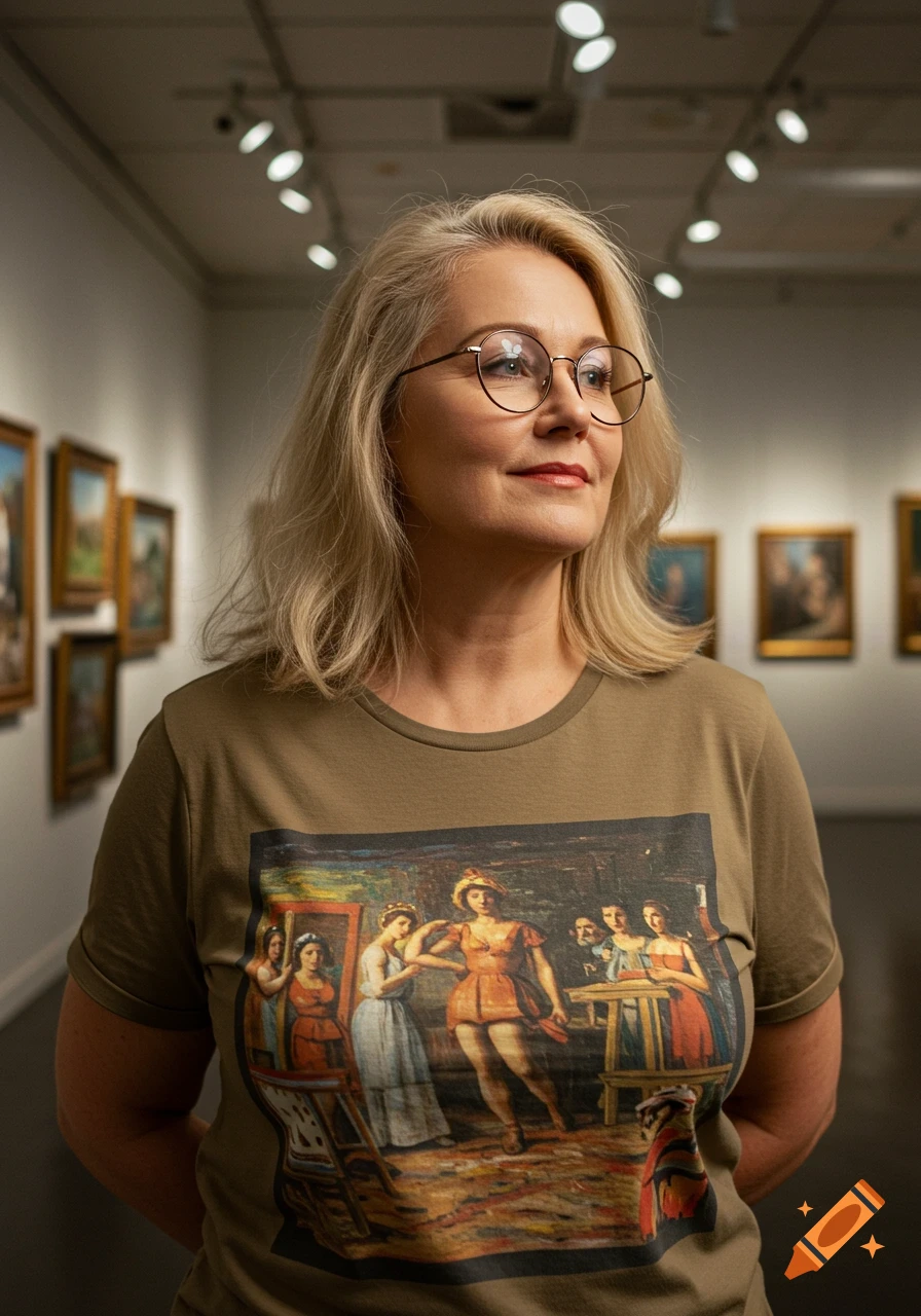 A blonde woman in glasses wearing an olive green t-shirt with a classical painting print, standing in an art gallery.