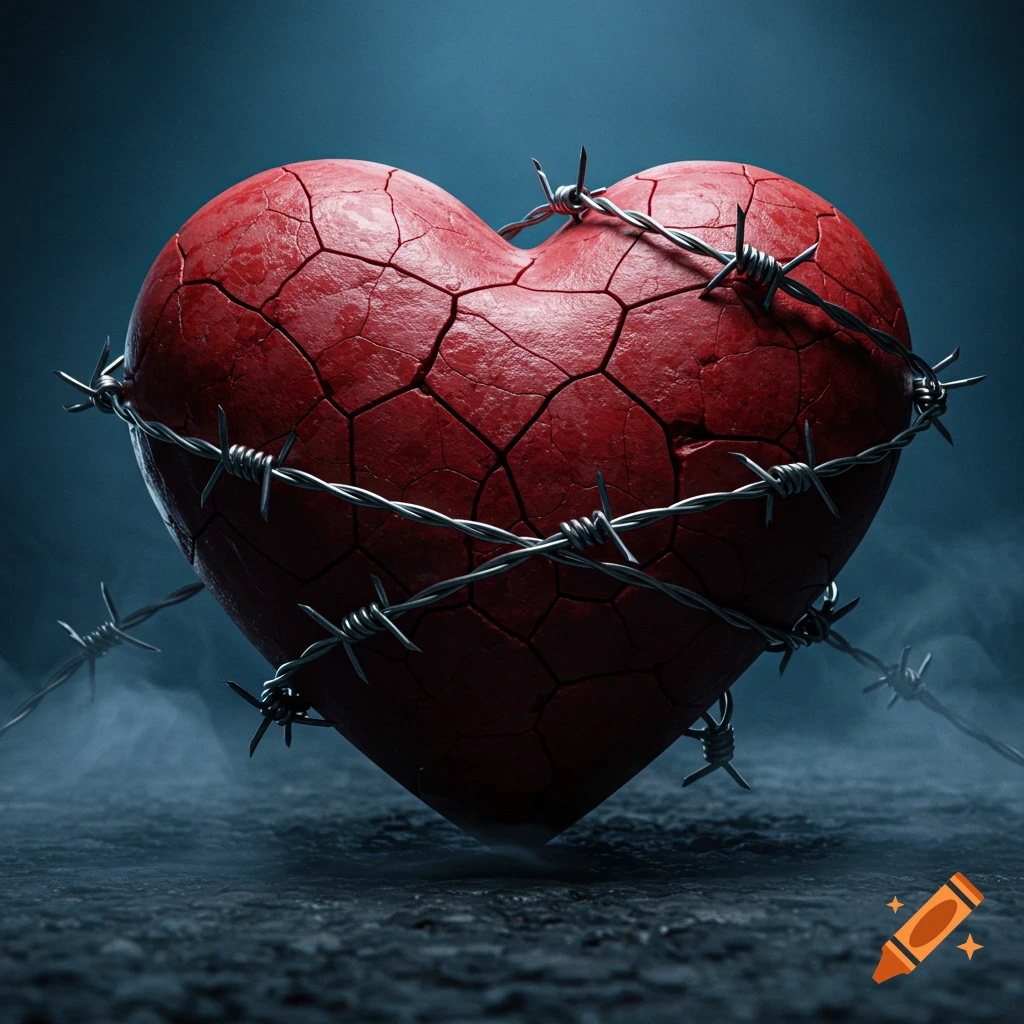 A cracked red heart wrapped in sharp barbed wire against a dark, moody background.