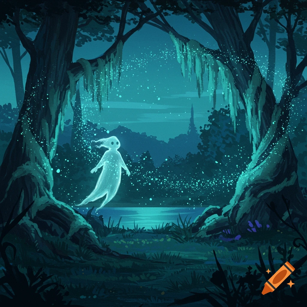 Ethereal ghost-like figure floating in a dark, mystical forest with glowing particles over a lake, illustration.