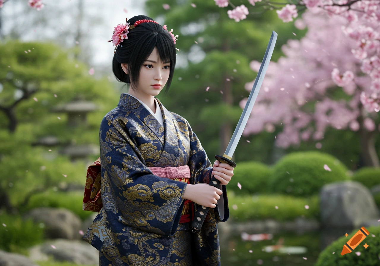 A photorealistic image of a Japanese woman in a blue kimono with gold patterns, holding a katana sword in a cherry blossom garden.