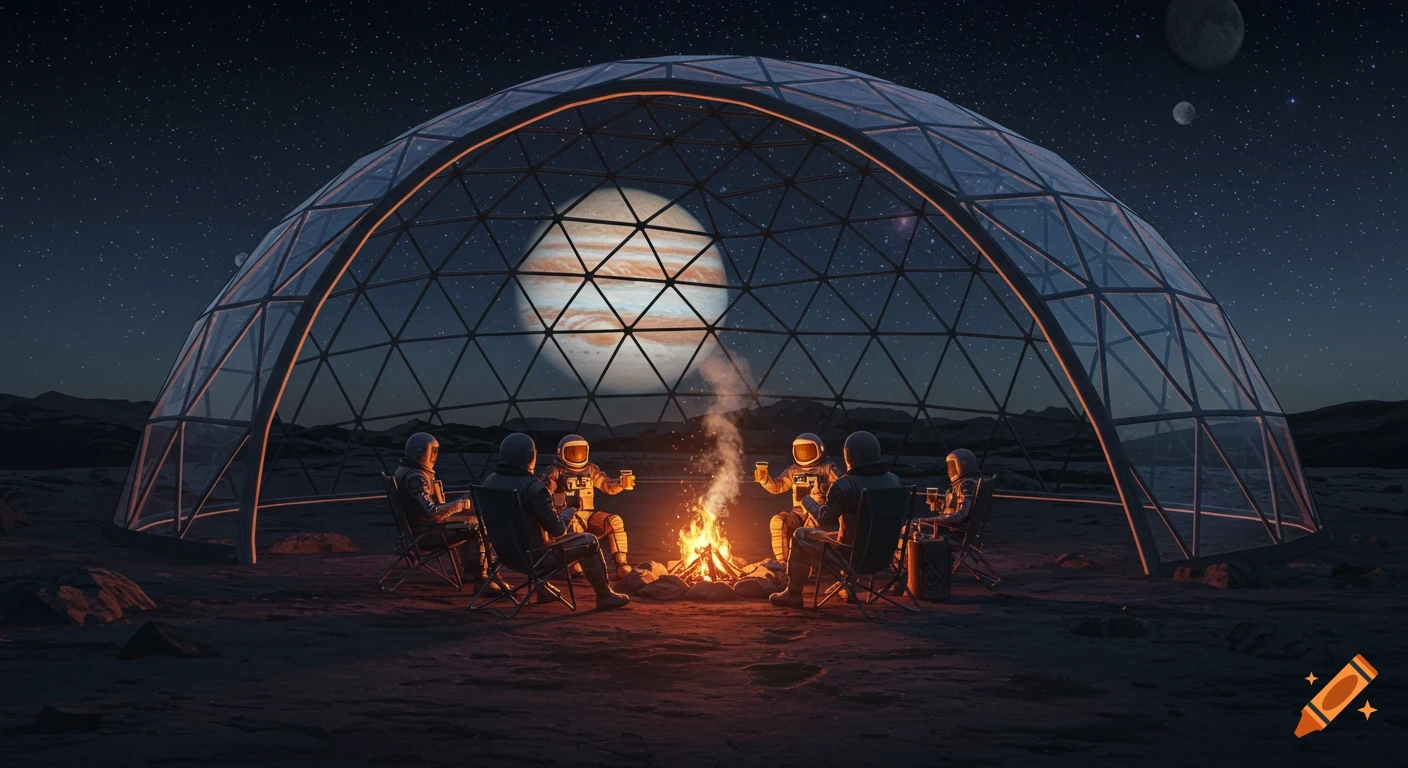 Astronauts in a geodesic glass dome sit around a campfire on a moon, with Jupiter visible in the night sky. Photorealistic.