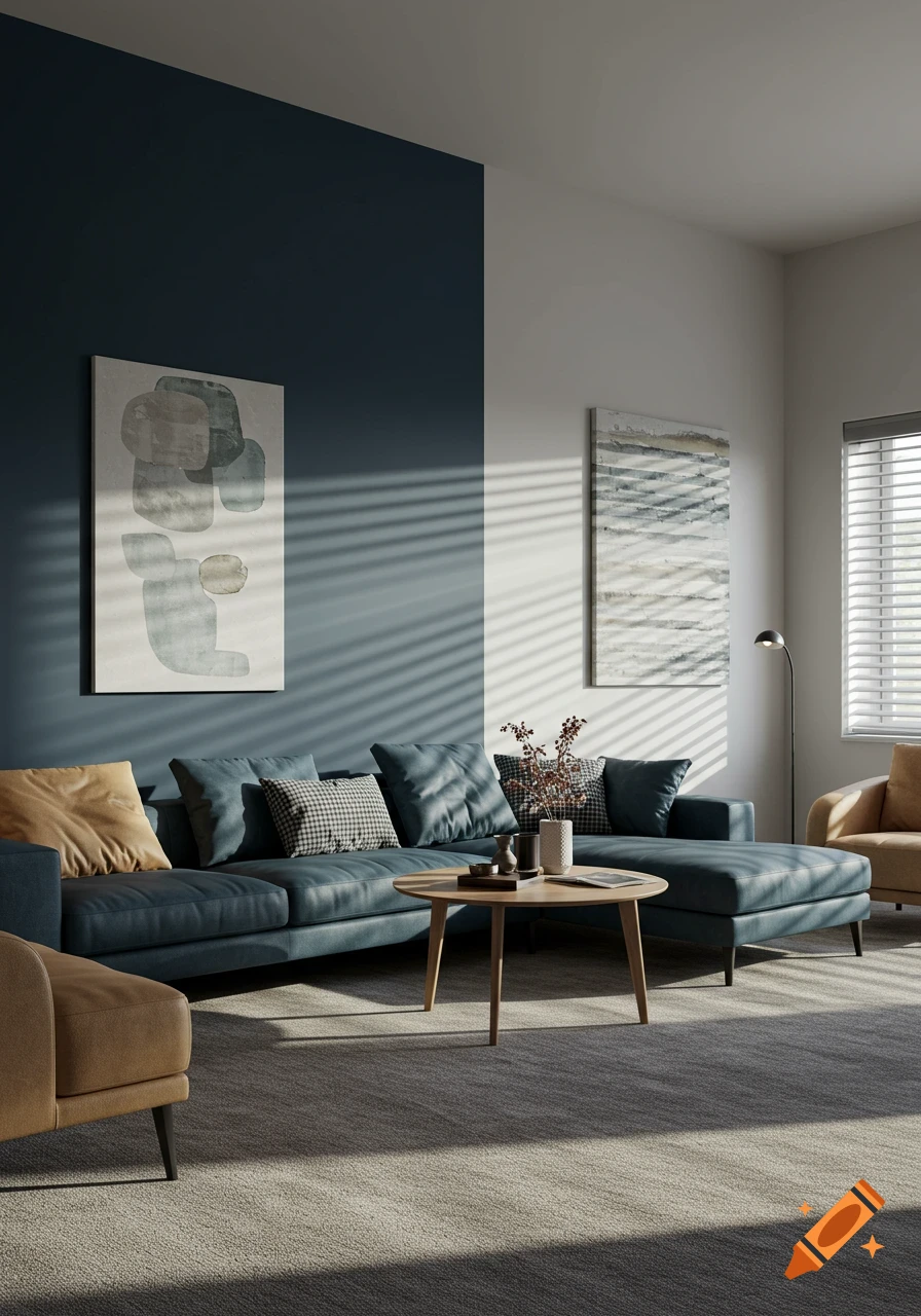 Photorealistic modern Scandinavian living room with deep blue L-shaped sofa, abstract art, and sunlit carpet.