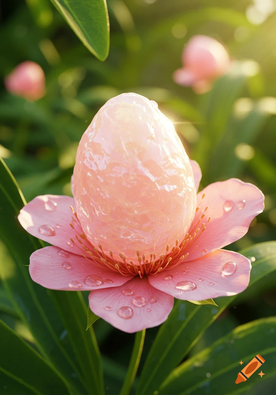 Close-up of a pink flower with water droplets, holding a glowing, translucent pink egg-shaped fruit at its center.
