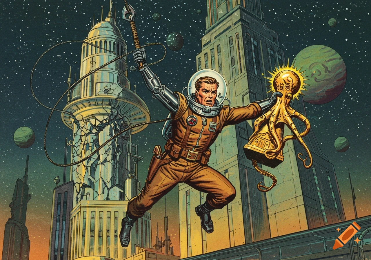 Pulp art style astronaut with a robot arm swings a whip, holding a golden octopus statuette, over futuristic collapsing buildings under a starry sky.