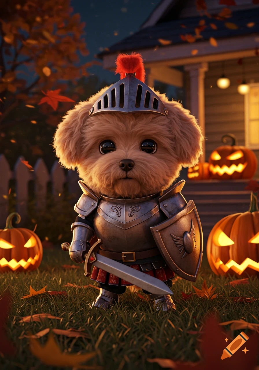 A fluffy brown dog in knight armor with a sword and shield, standing on grass with glowing jack-o'-lanterns and autumn leaves at twilight.