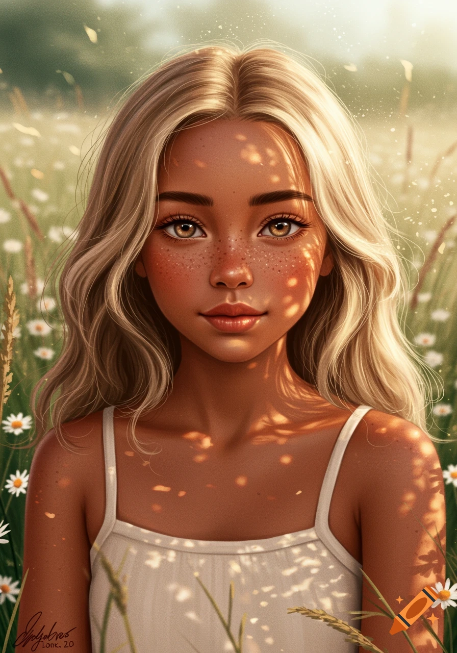 Digital art portrait of a tan girl with blonde wavy hair, freckles, and light brown eyes, in a sunny field of daisies.