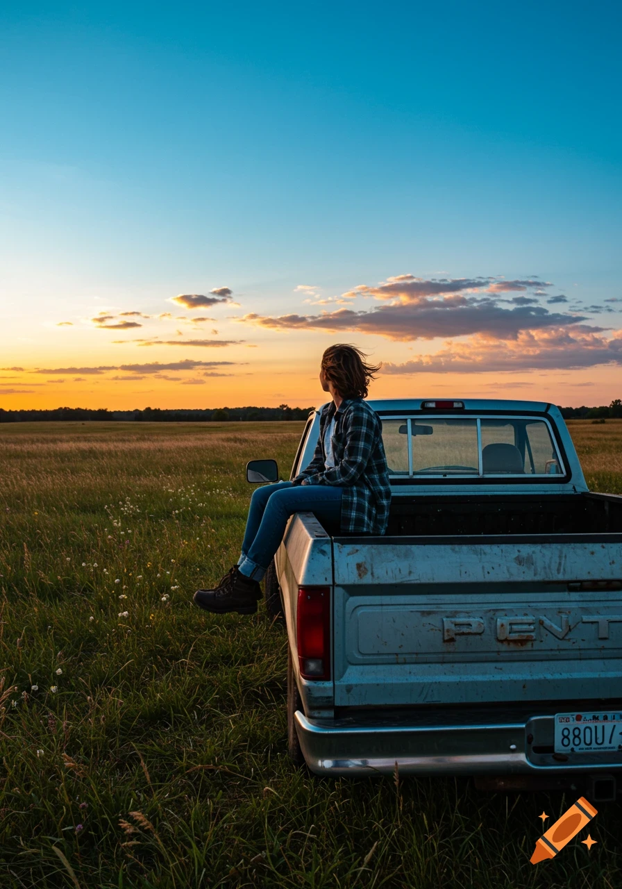 Person sitting on the tailgate of an old pickup truck in a grassy field, looking at the sunset.