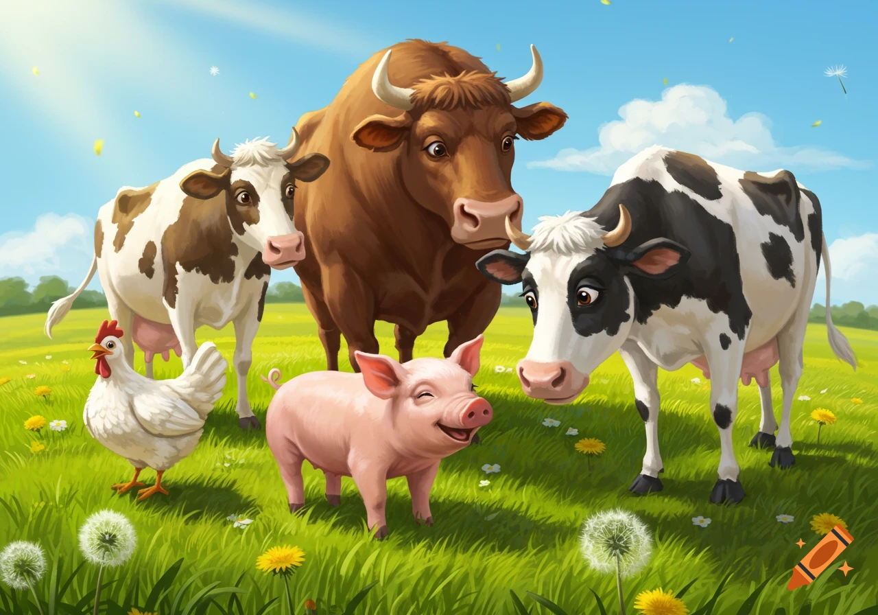 A happy pig, chicken, bull, and two cows in a vibrant cartoon style, standing in a sunny green field with dandelions under a blue sky.