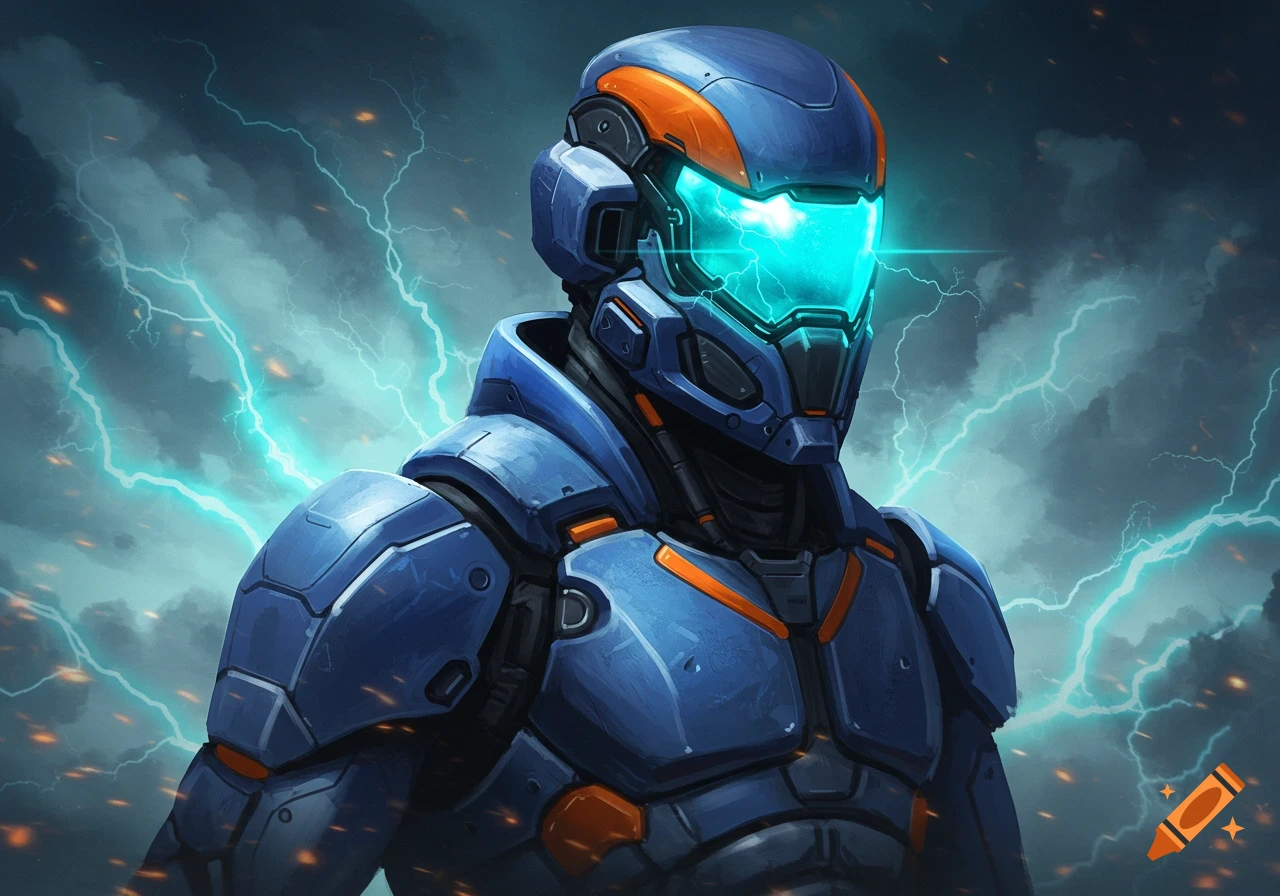 Close-up of a blue and orange futuristic armored figure with a glowing cyan visor, against a stormy sky with lightning.