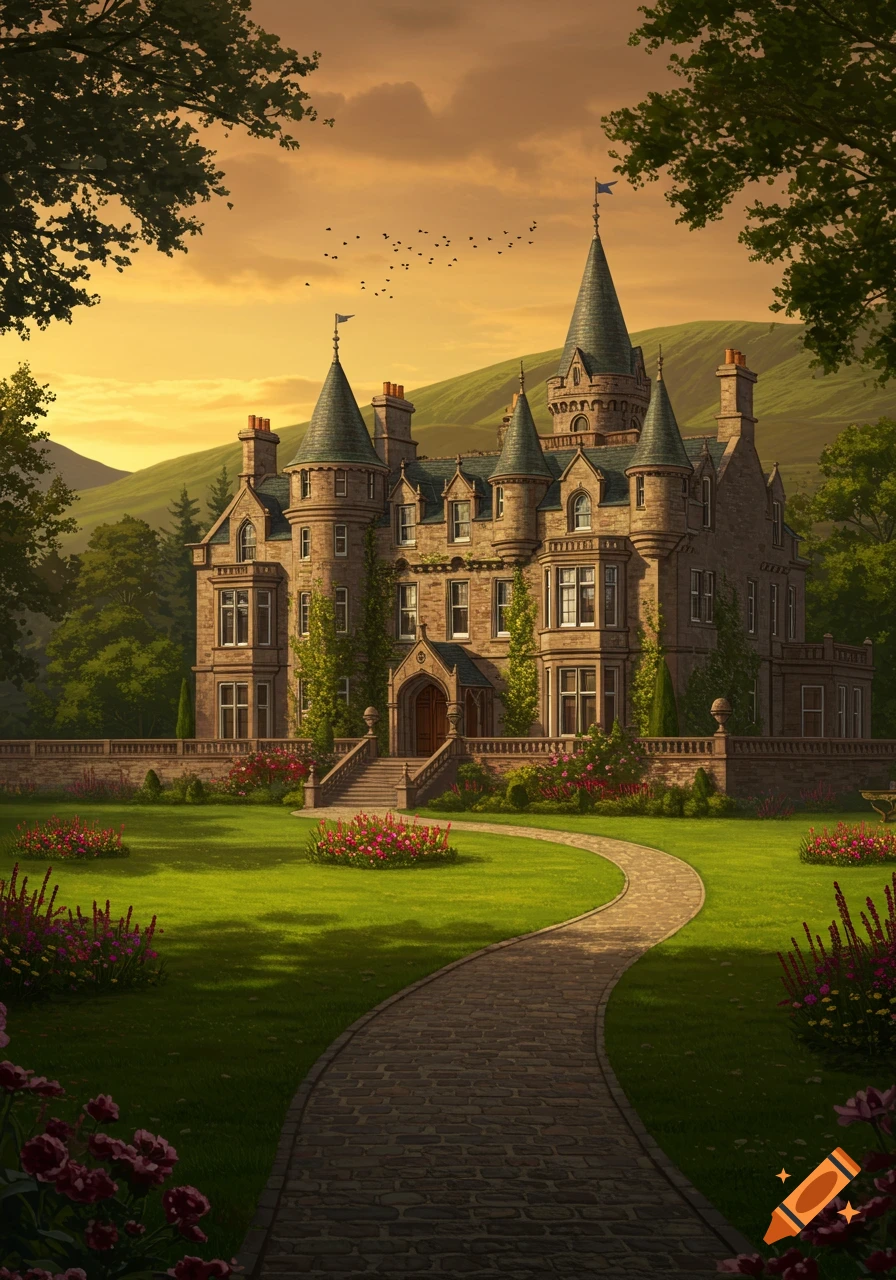 A grand, multi-turreted stone castle or mansion in a lush green garden with a winding path, under a warm sunset sky with hills.