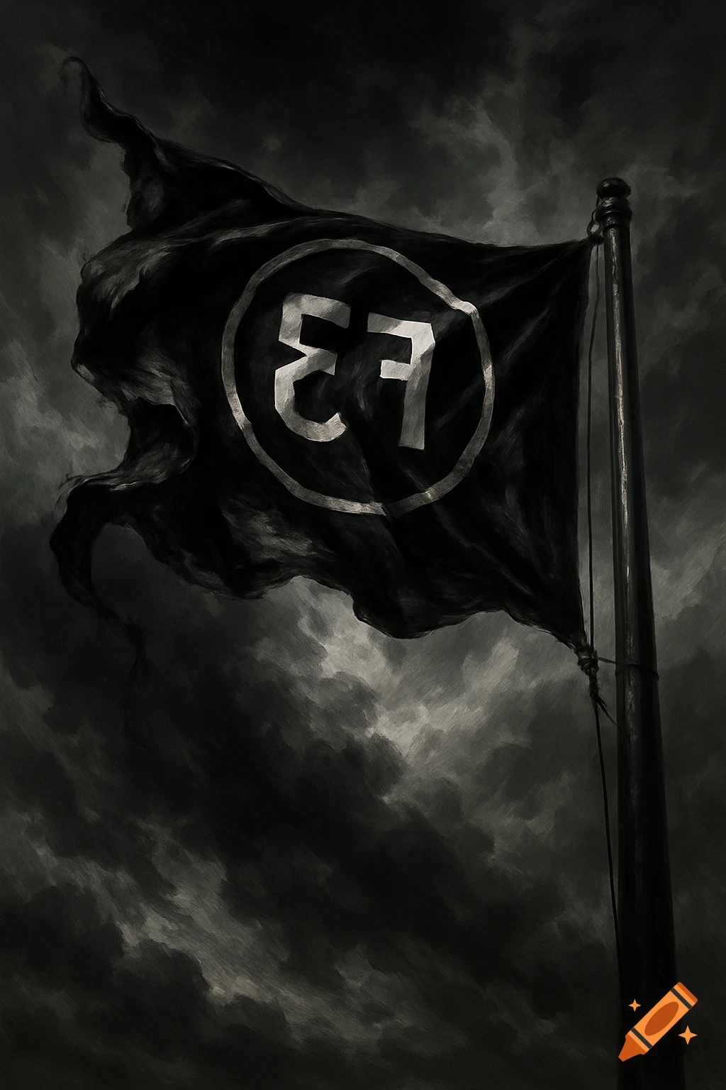 A dark, tattered flag with a white circle and backward "F3" symbol, waving dramatically against a stormy, cloudy sky.