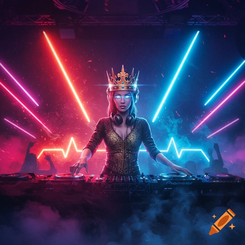 A female DJ with a golden crown and glowing eyes stands behind a mixer in a neon-lit club, surrounded by smoke.
