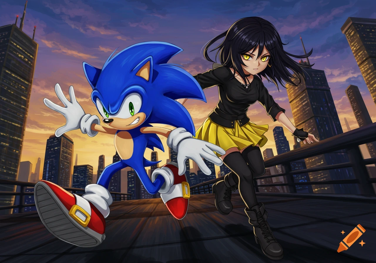 Sonic the Hedgehog and an anime girl running across a rooftop in a city at sunset.