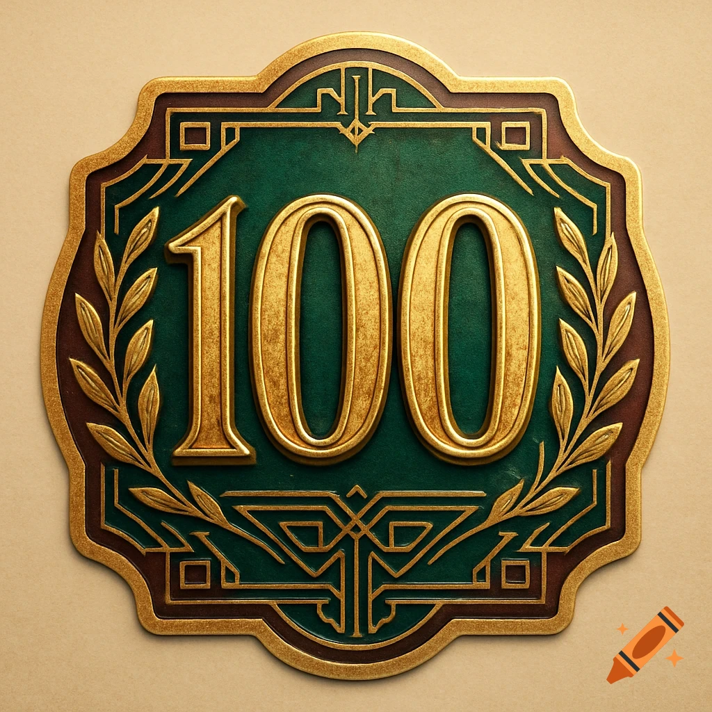 An ornate gold and green Art Deco-style plaque featuring the number 100 surrounded by laurel leaves.