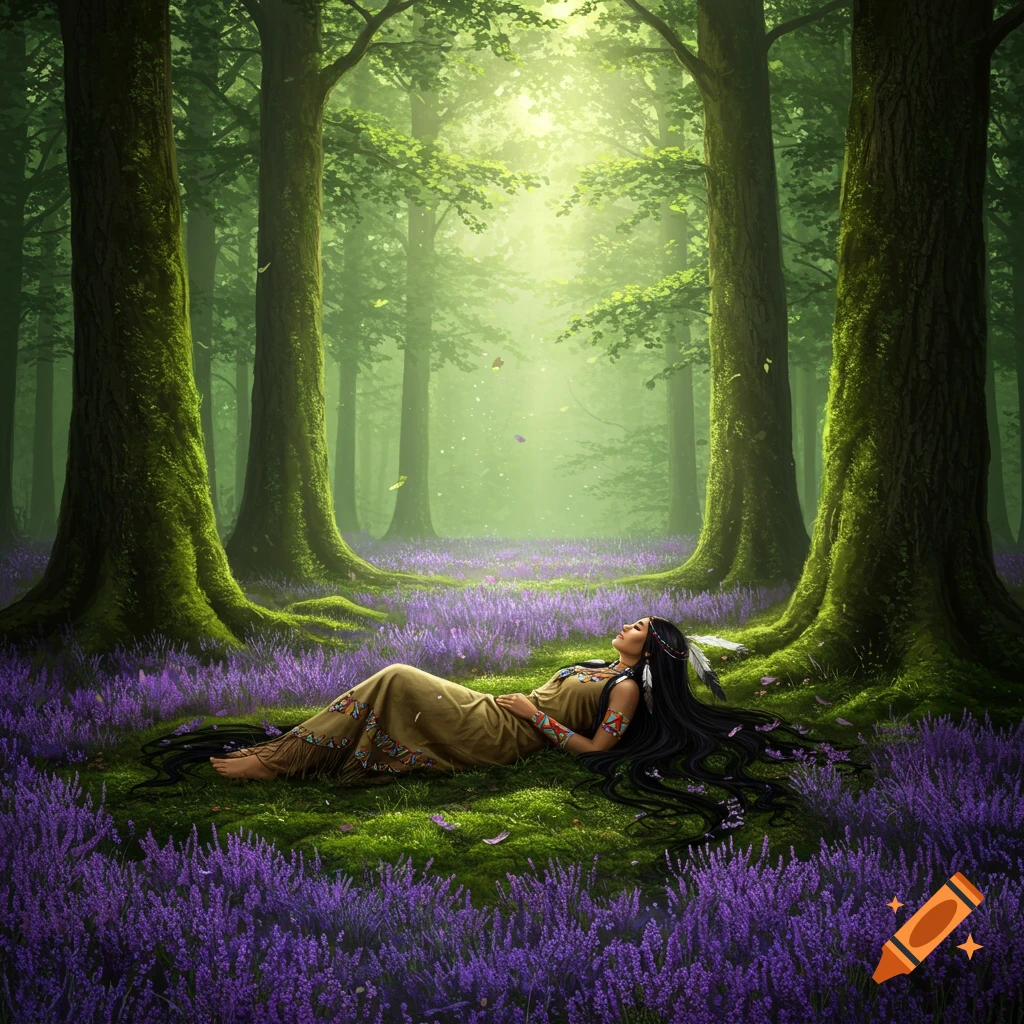 A Native American woman lies peacefully in a sunlit forest surrounded by vibrant purple lavender, long dark hair spread around her.