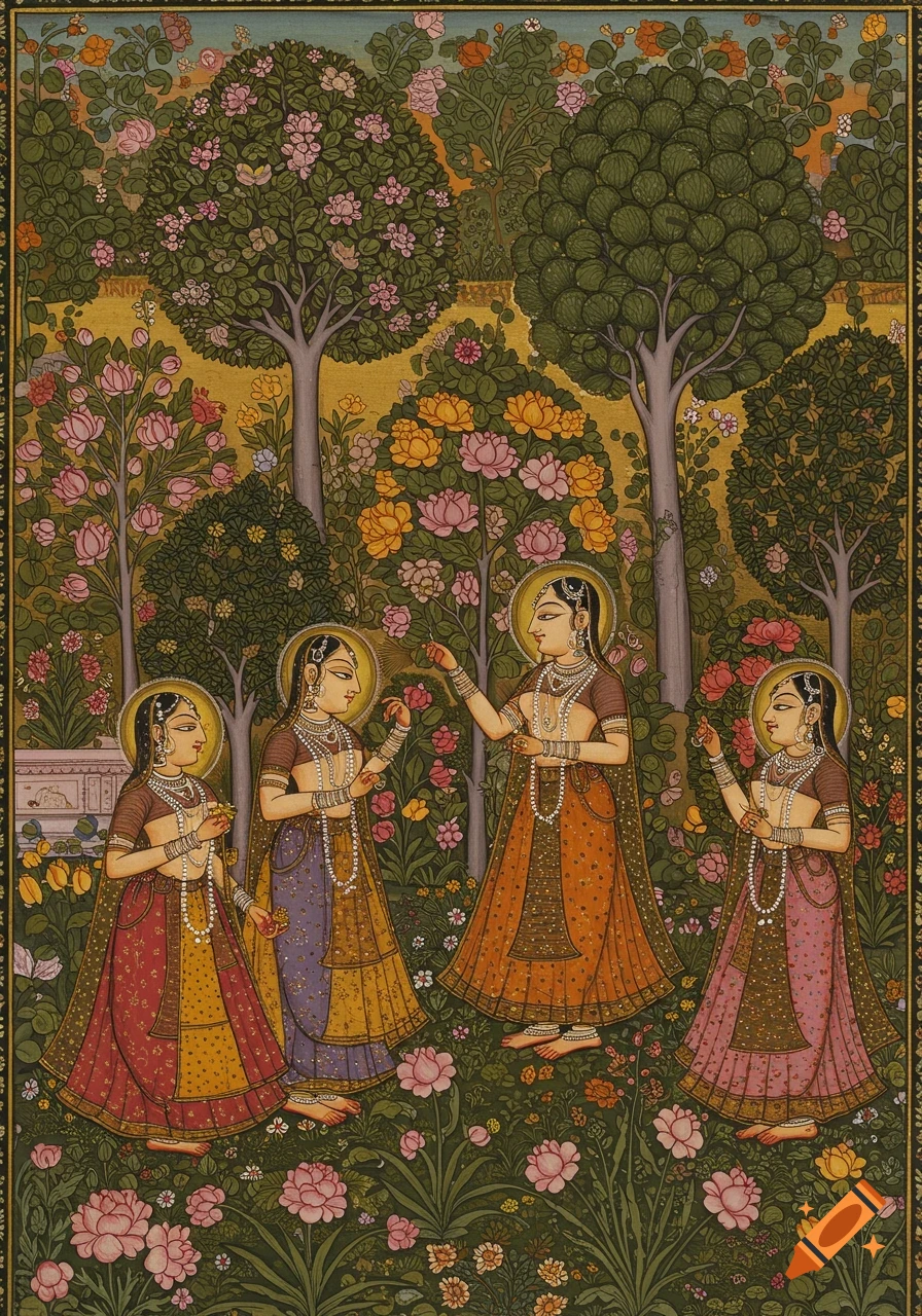 Pichwai painting of four women with halos in a lush garden filled with various flowers and trees.