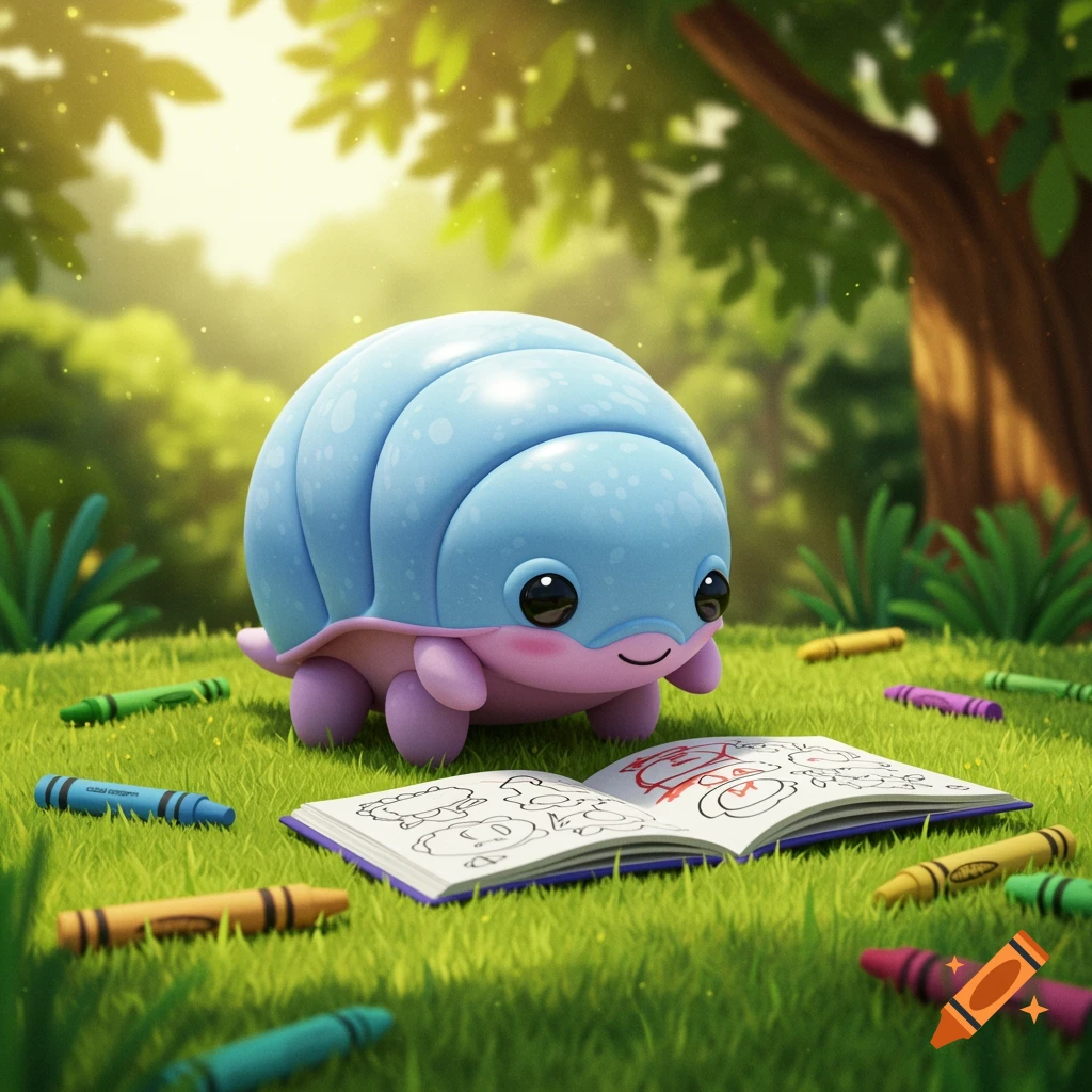 A cute cartoon blue and pink rolly polly on green grass with an open coloring book and crayons in a sunny forest.