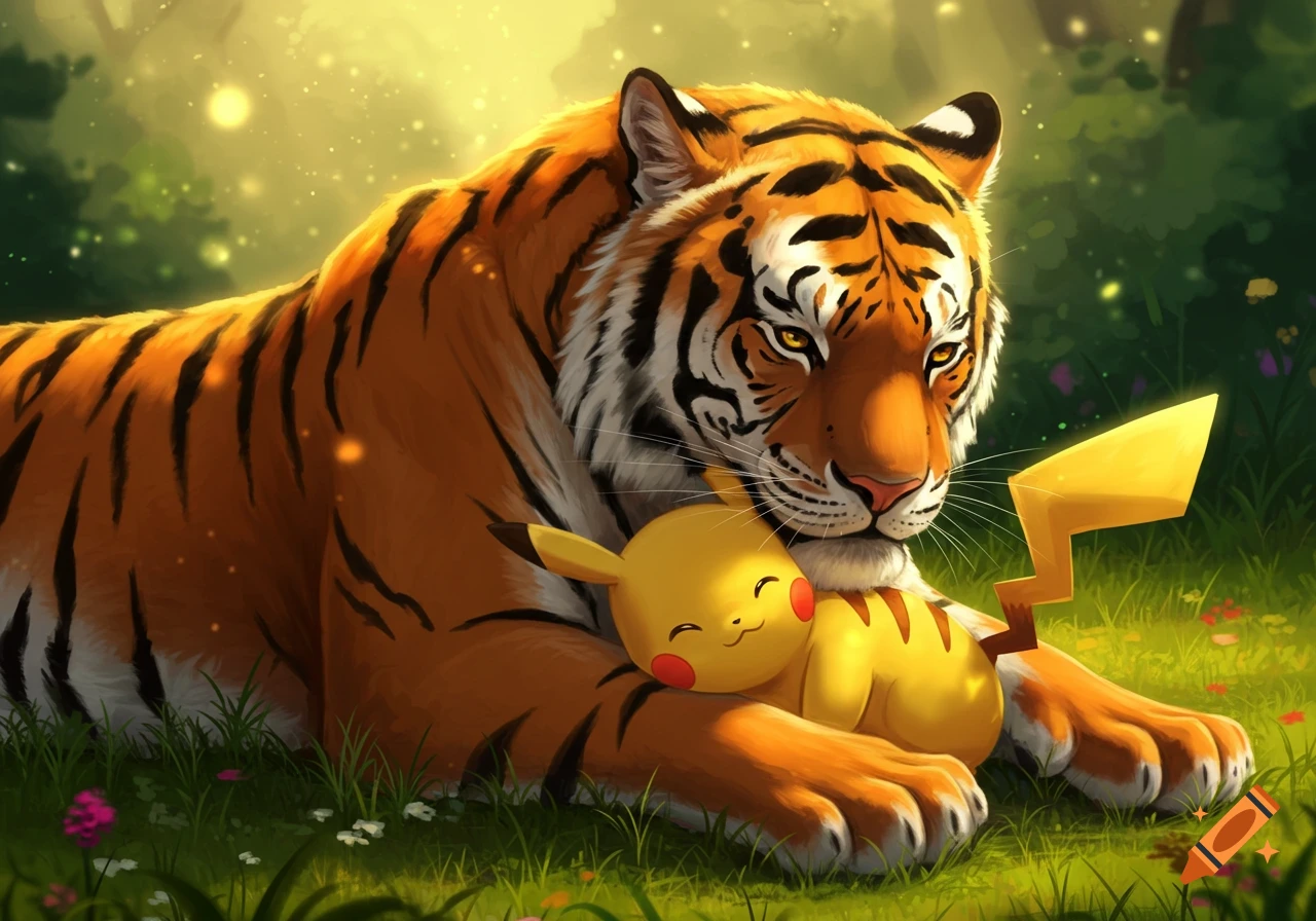 A large tiger lovingly embraces a small, smiling Pikachu as they rest together in a sunny, grassy field with sparkling lights.