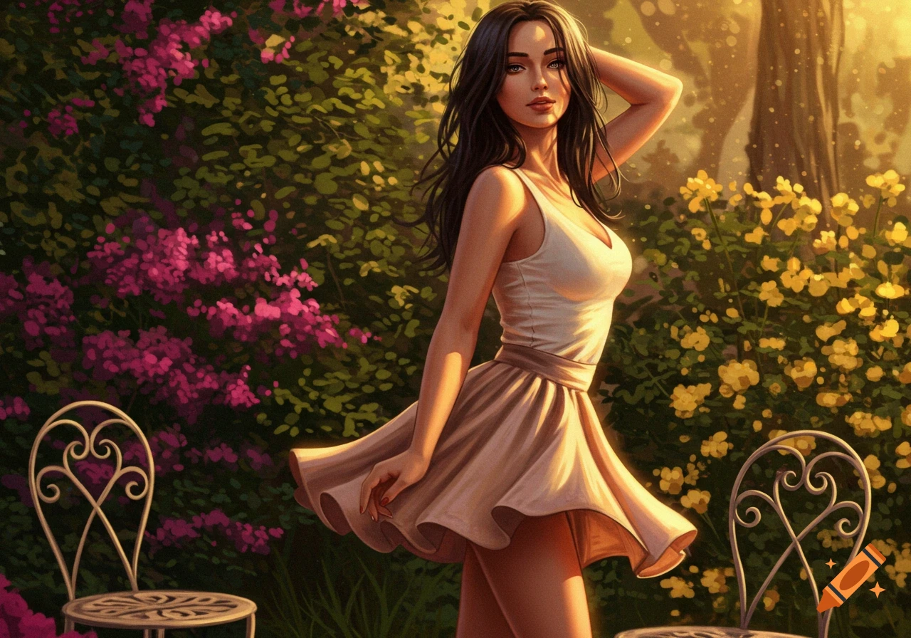 Beautiful woman in a white top and short skirt stands in a lush garden with pink and yellow flowers under golden sunlight, digital art.