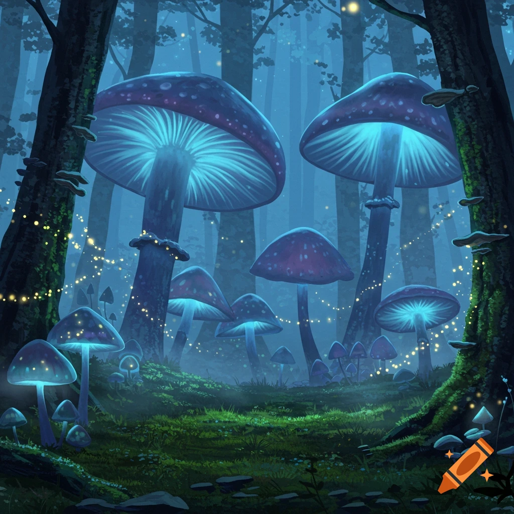 Mystical forest scene with large, glowing blue and purple mushrooms and tiny string lights at dusk.