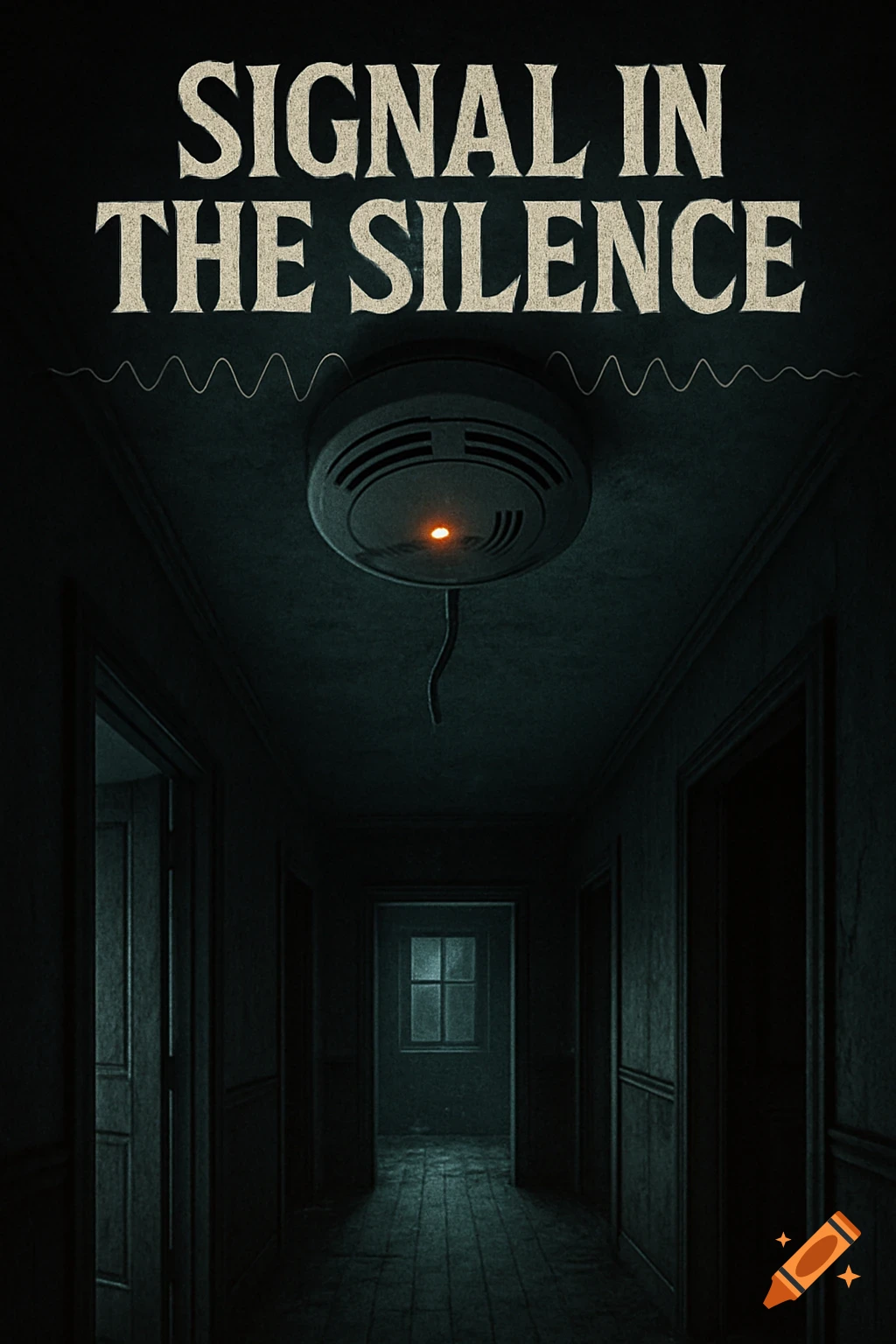A dark, eerie movie poster showing a long hallway with a glowing smoke detector and the title 'SIGNAL IN THE SILENCE'.