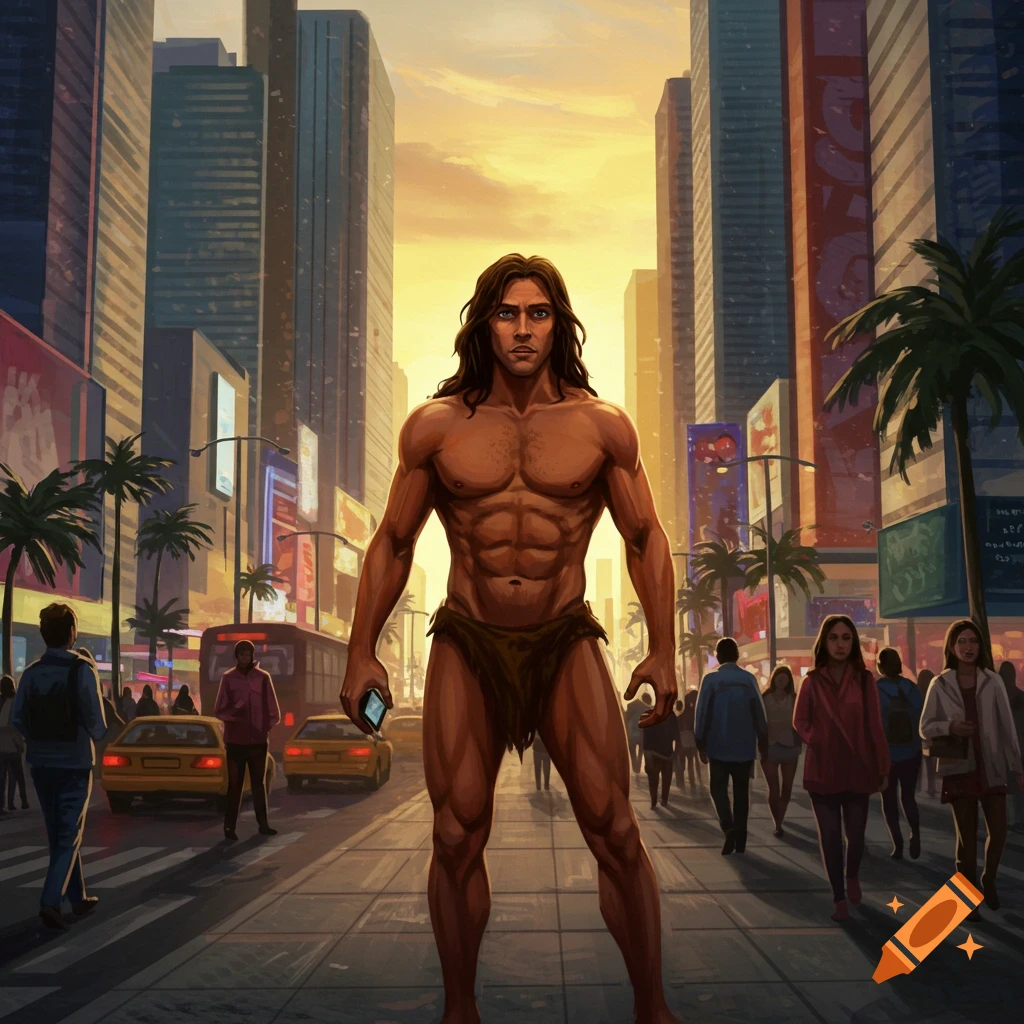 Muscular Tarzan in a loincloth stands on a city street with skyscrapers and pedestrians at sunset in an illustration style.
