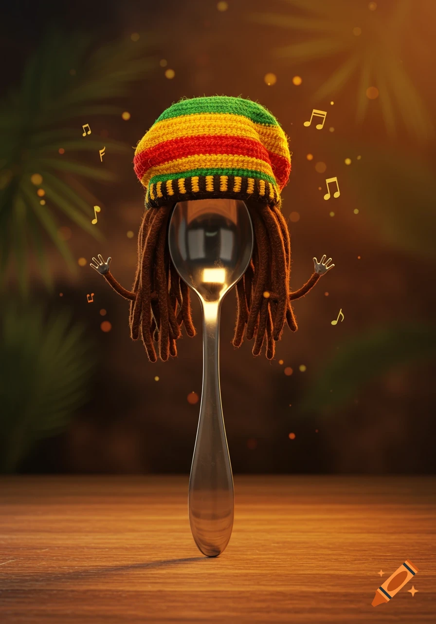 A stylized metallic spoon wearing a colorful Rasta tam hat and dreadlocks, surrounded by musical notes, on a wooden surface.