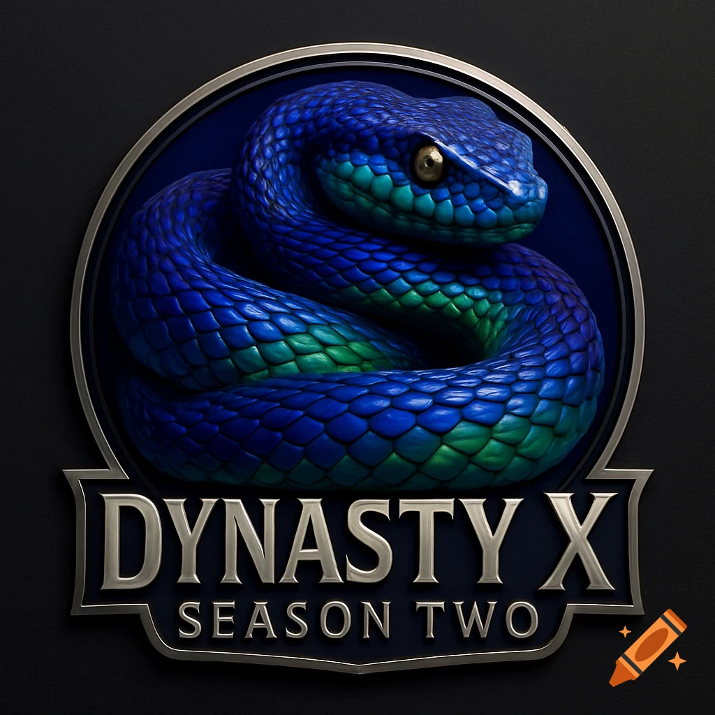 A hyper-realistic logo featuring a coiled blue and green viper snake in a circular emblem, with "DYNASTY X SEASON TWO" in silver text below.