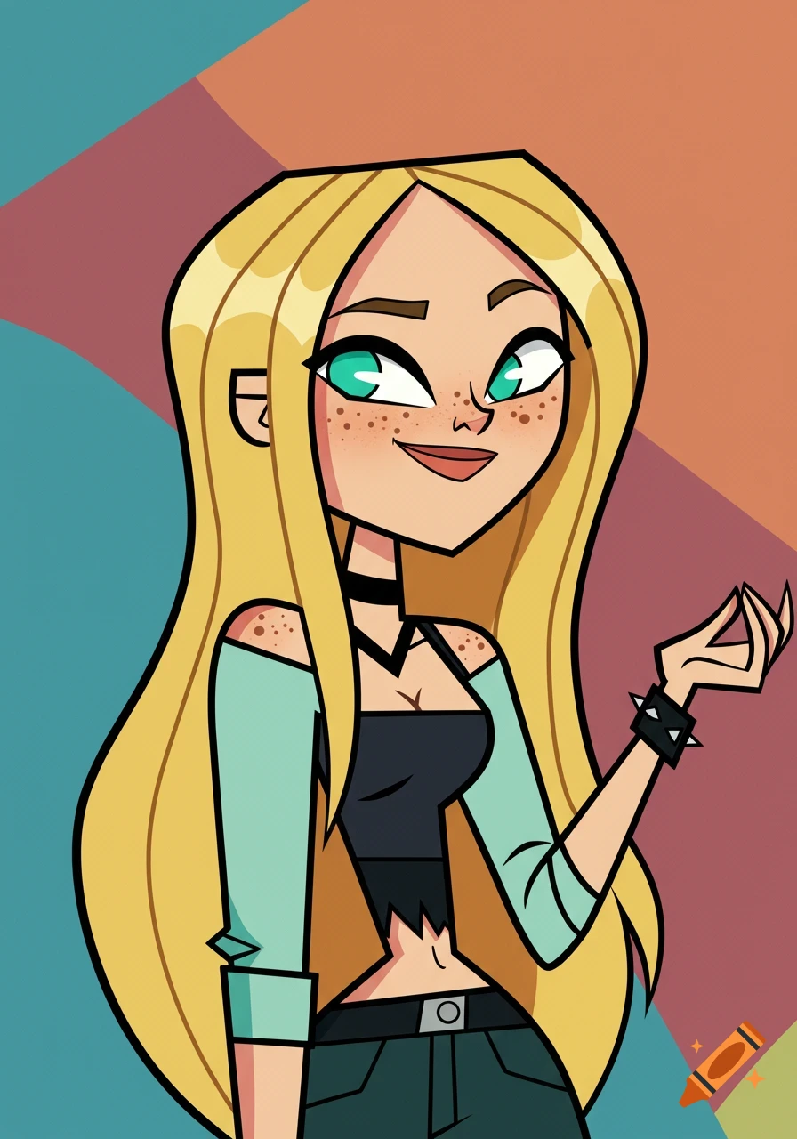 A smirking cartoon girl with long blonde hair, turquoise eyes, and freckles, wearing a black top and light blue jacket, in a Total Drama Island style.