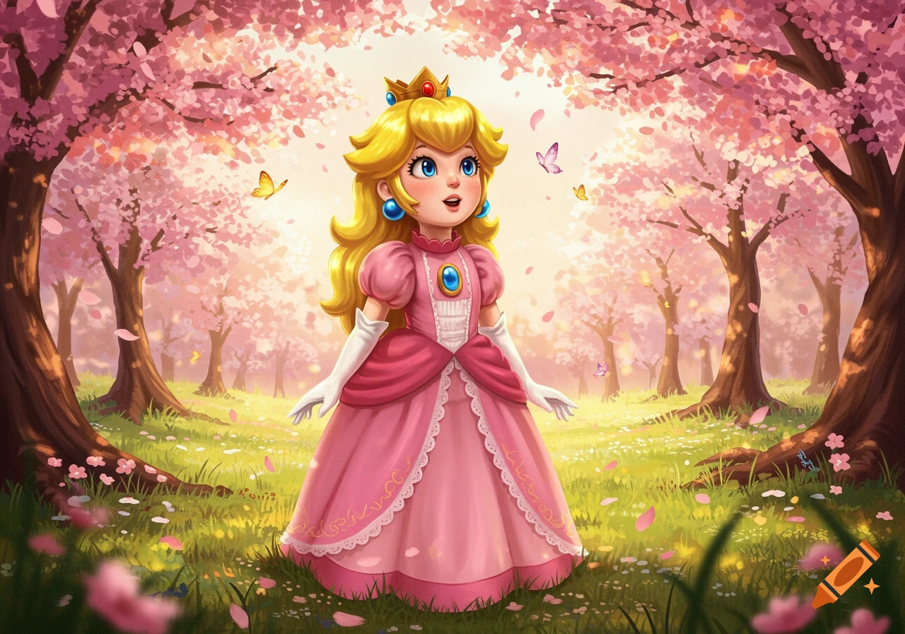 Young Princess Peach in a pink dress and crown, standing in a sunny meadow with cherry blossom trees and butterflies in a digital illustration.