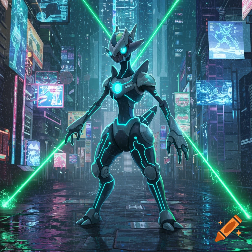 A tech-type robot creature resembling a Pokemon stands in a futuristic city at night, with neon lights and digital screens surrounding it. Green laser beams cross the scene, and the ground is wet and reflective.