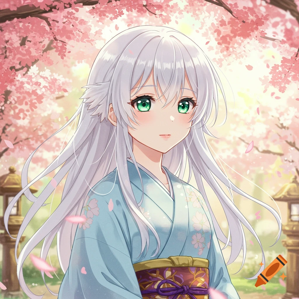 Anime girl with white hair and green eyes wearing a blue kimono, standing under pink cherry blossoms.