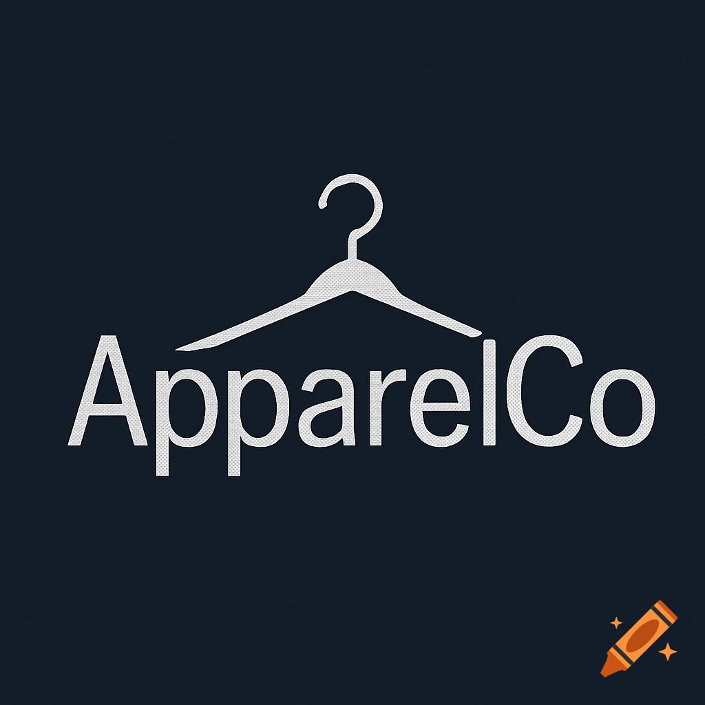 A white stylized clothing hanger above the white text 'ApparelCo' on a dark blue background.