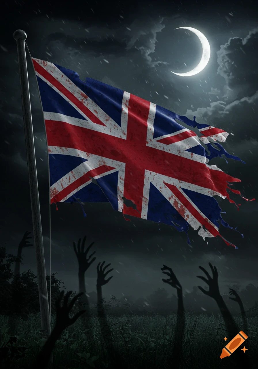 A tattered Union Jack flag flies on a pole under a crescent moon in a stormy night sky, with shadowy zombie hands reaching up from a grassy field below.