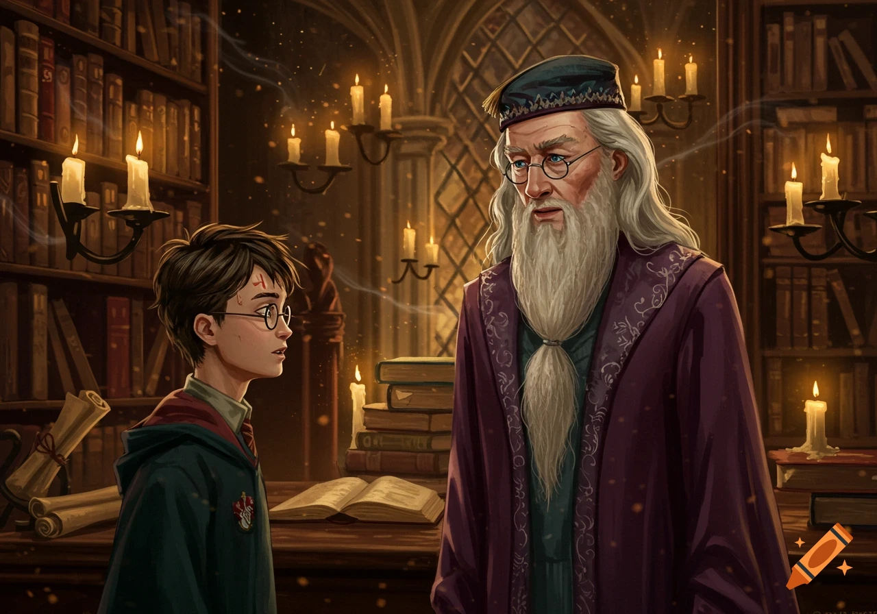 Harry Potter and Dumbledore talk in a magical, candlelit library with bookshelves, digital art style.