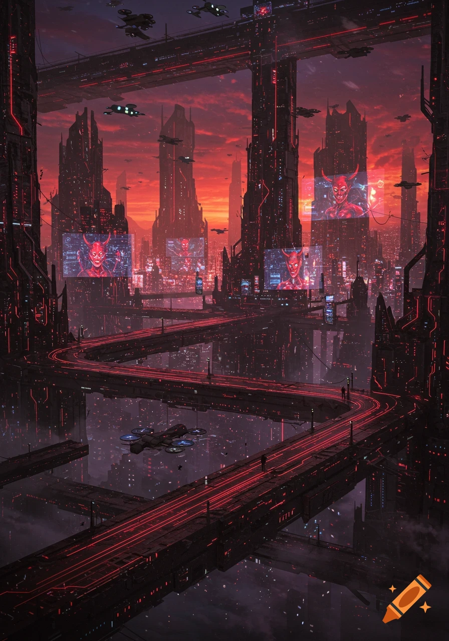 A dark, futuristic cyberpunk city at sunset with red glowing buildings, elevated roads, flying vehicles, and screens displaying demon faces.