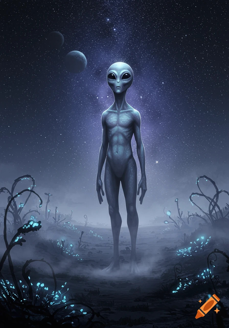 A grey alien stands on an alien planet under a starry night sky, surrounded by glowing blue plants.