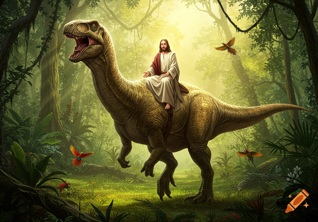 Jesus Christ riding a raptor dinosaur through a sunlit, vibrant jungle, with birds flying nearby.