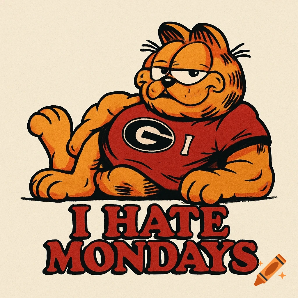 A cartoon Garfield character wearing a red t-shirt with a Georgia 'G' logo, lying down, with the text 'I HATE MONDAYS' in bold red letters below him.