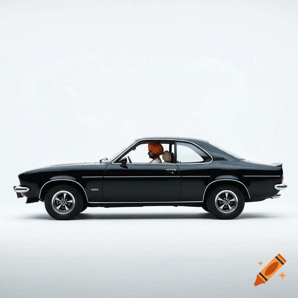 Side profile of a black 1973 Opel Manta with a person wearing an orange turban in the driver's seat, against a stark white background. Photorealistic style.
