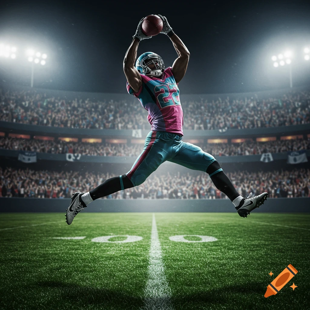 Photorealistic image of a football player in a colorful jersey catching a football mid-air in a brightly lit stadium.