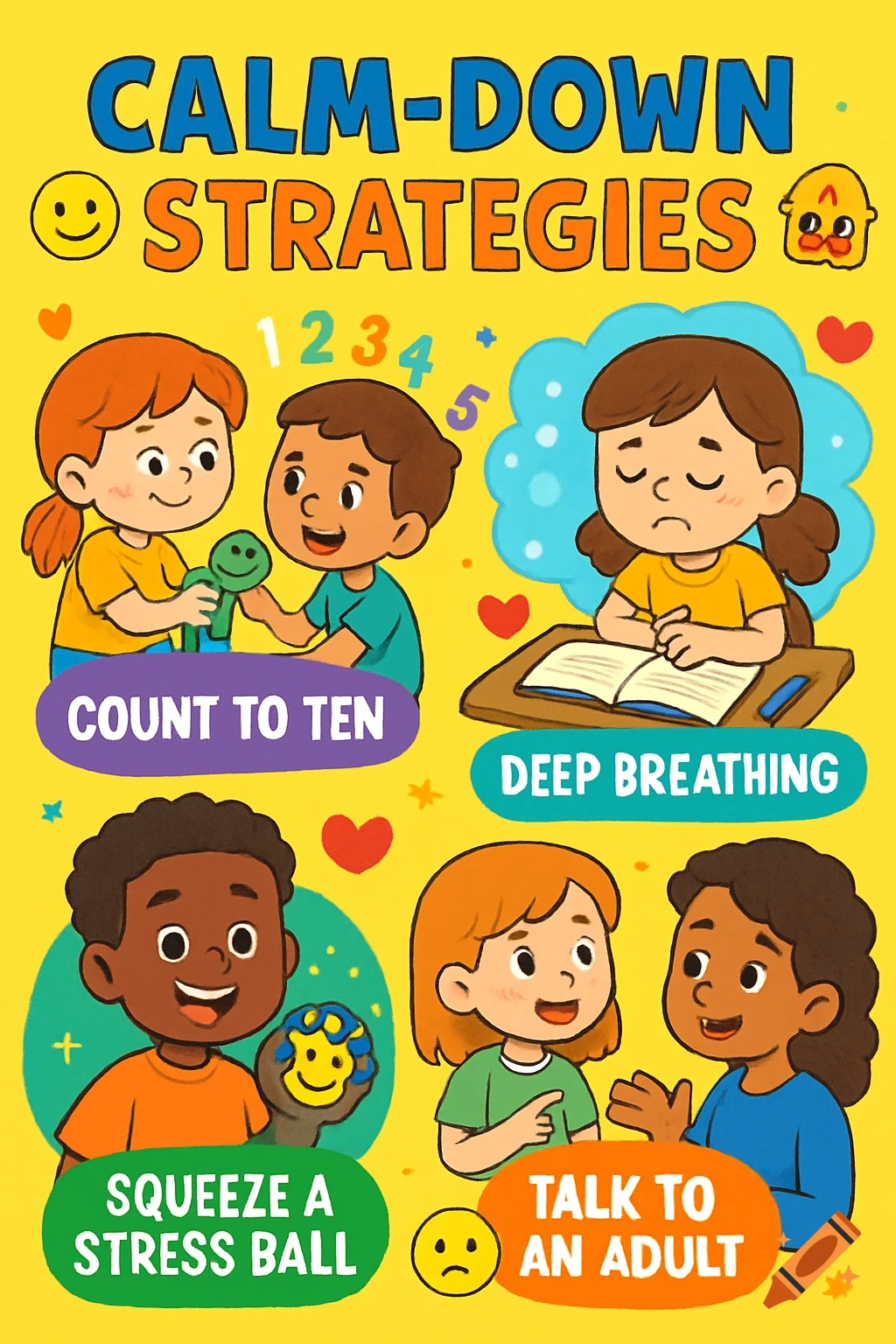 Colorful cartoon infographic showing children practicing calming strategies like counting to ten, deep breathing, squeezing a stress ball, and talking to an adult.