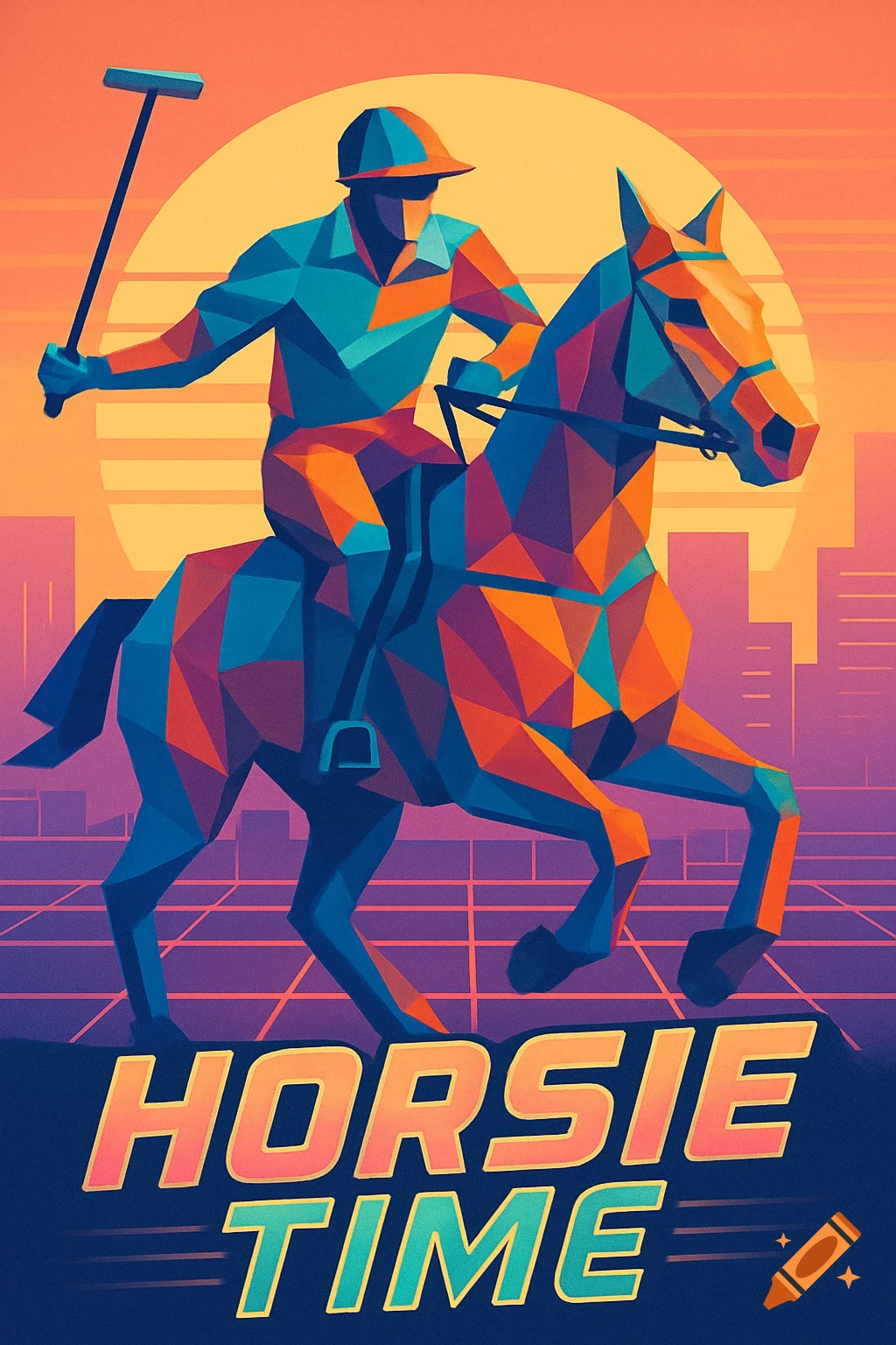 Geometric retro art poster of a polo player on a horse with a sunset and city background, text 'Horsie Time'.