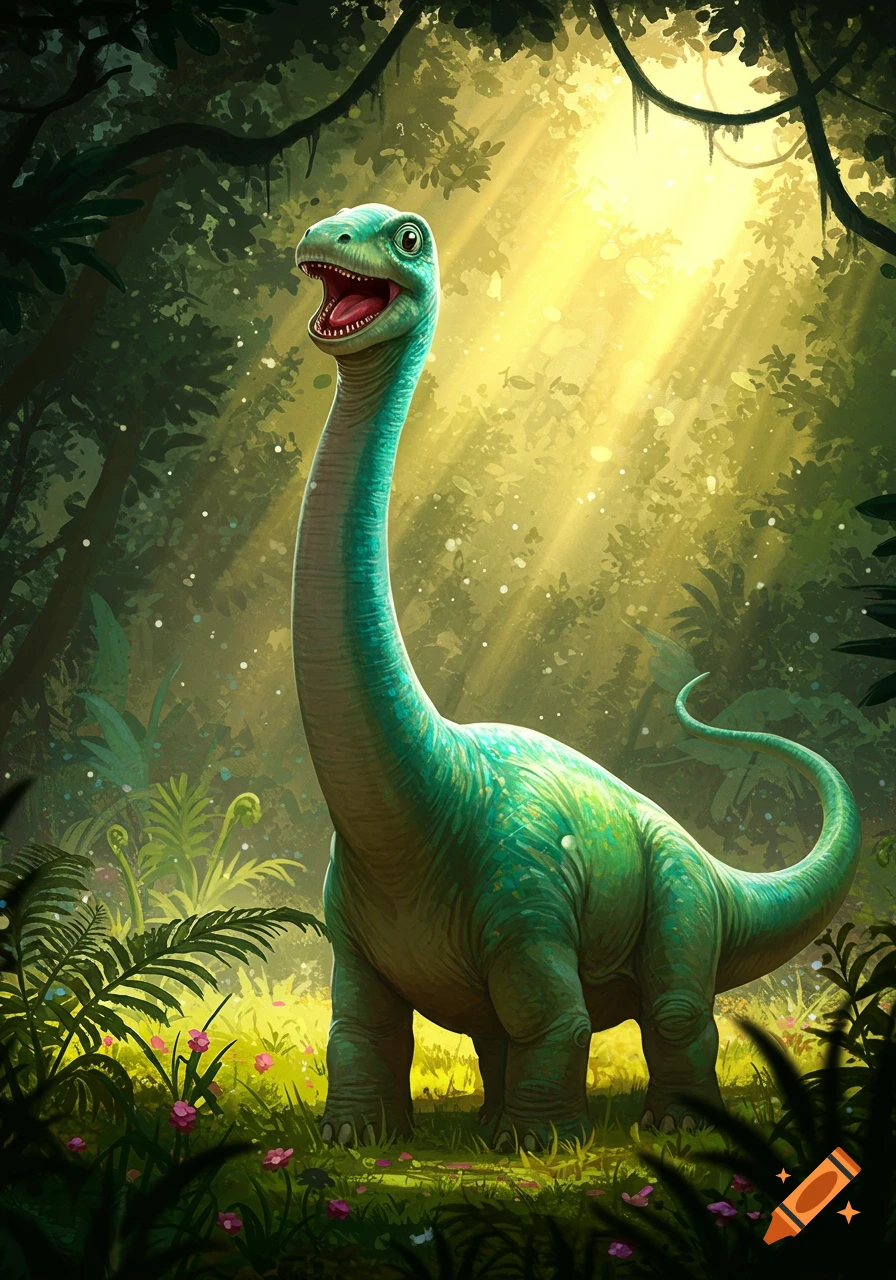A cheerful green long-necked dinosaur in a vibrant, sun-drenched jungle.