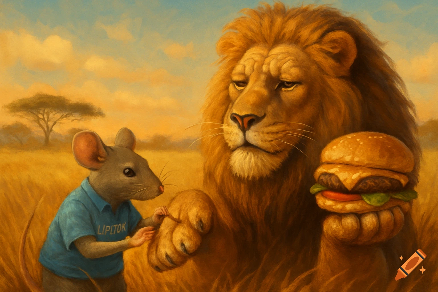 A mouse in a blue shirt with text touches a lion's paw as the lion holds a cheeseburger in a savanna, painted in a realistic style.