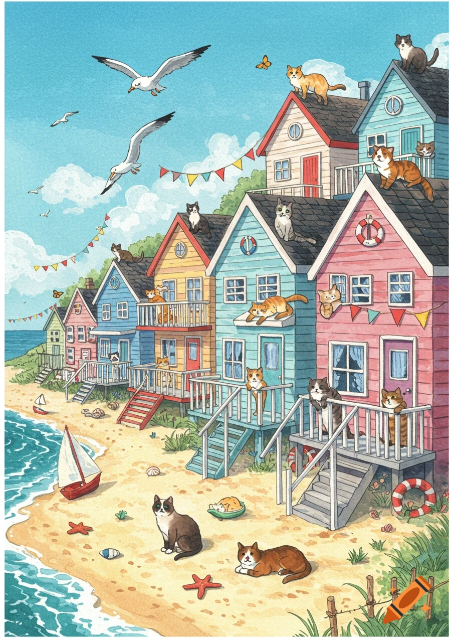 Watercolor illustration of colorful beach houses on a sandy shore with numerous cats, seagulls flying above.